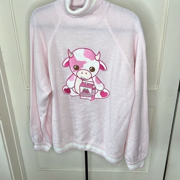 Hot Topic Strawberry Milk Cow Turtleneck Sweater Pink Medium Nwot - Picture 2 of 7